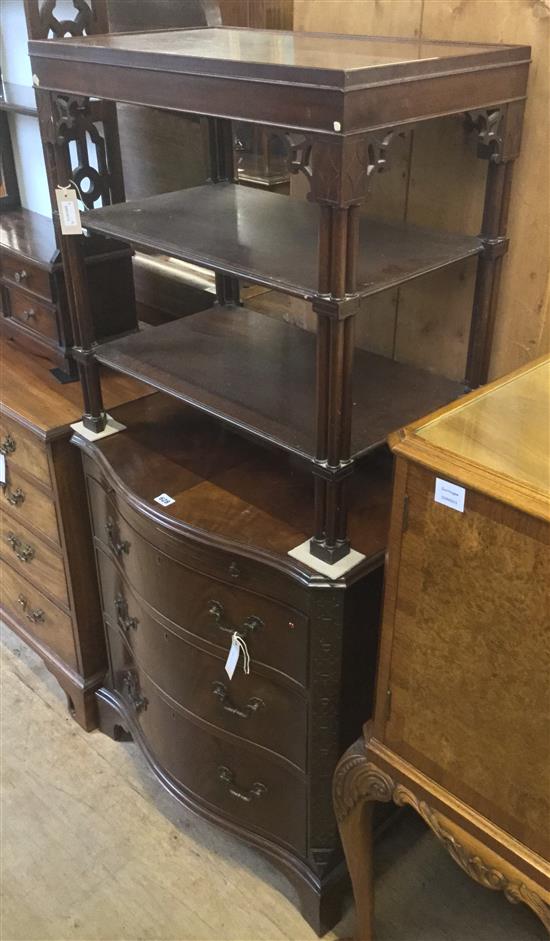 Georgian style mahogany serpentine chest of drawers & a three-tier mahogany table